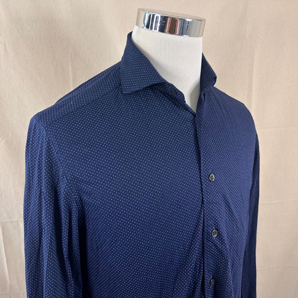 Corneliani 15.5 39 Dress ShirtShirt Navy Blue Whtie Floral Print 100% Cotton